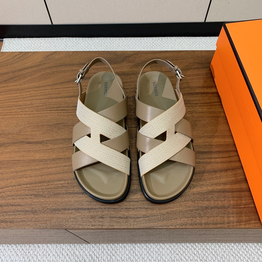 HM Heracles Sandals Etoupe Beige Frabic Calfskin 294069