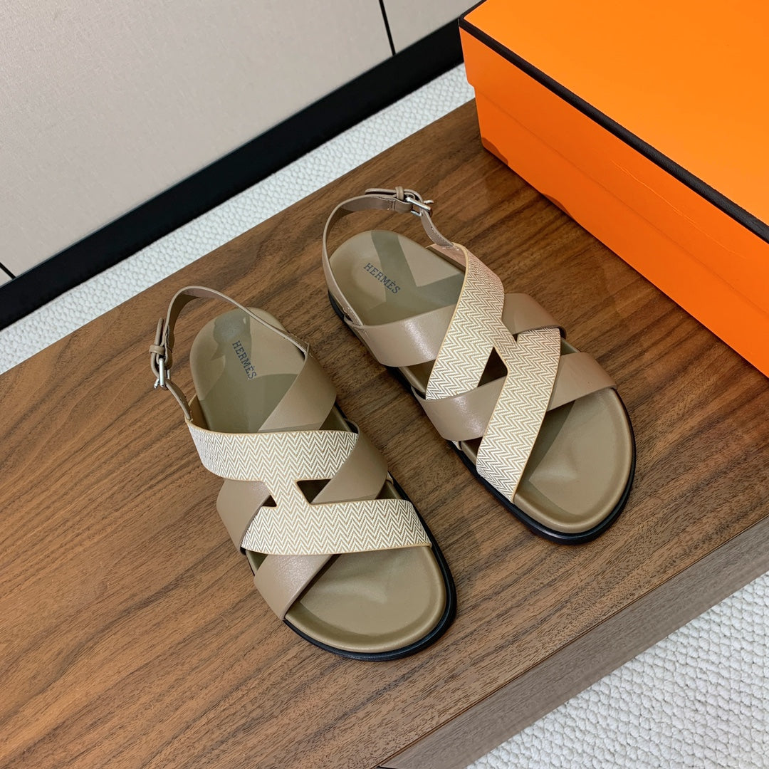 HM Heracles Sandals Etoupe Beige Frabic Calfskin 294069