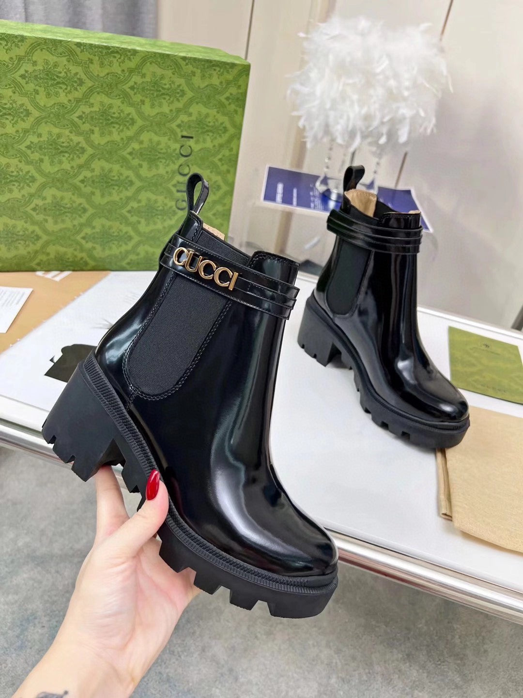 GG ankle boots  black cowhide gold buckle