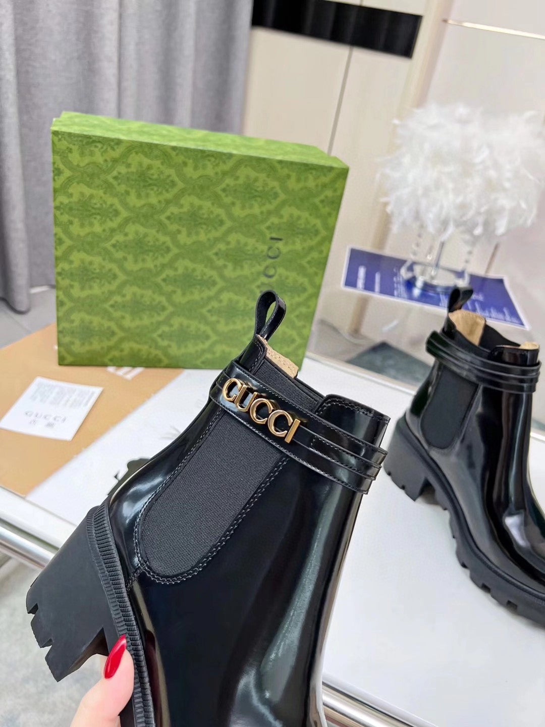 GG ankle boots  black cowhide gold buckle