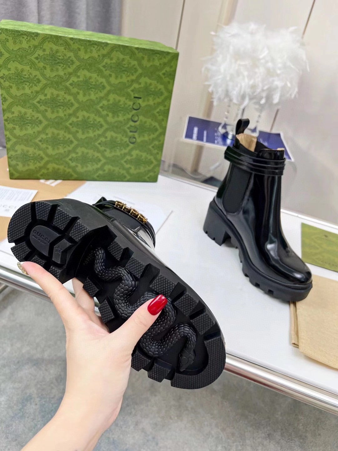 GG ankle boots  black cowhide gold buckle