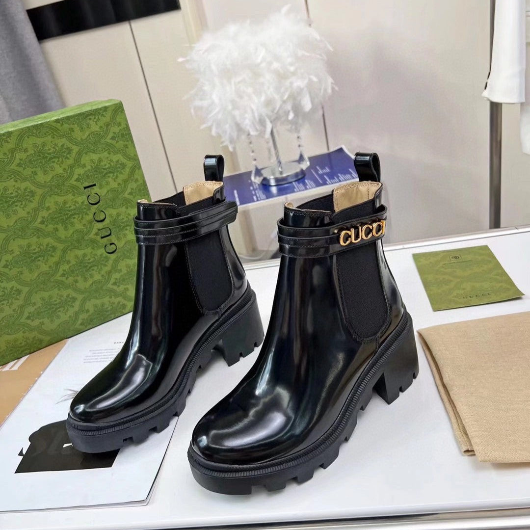 GG ankle boots  black cowhide gold buckle