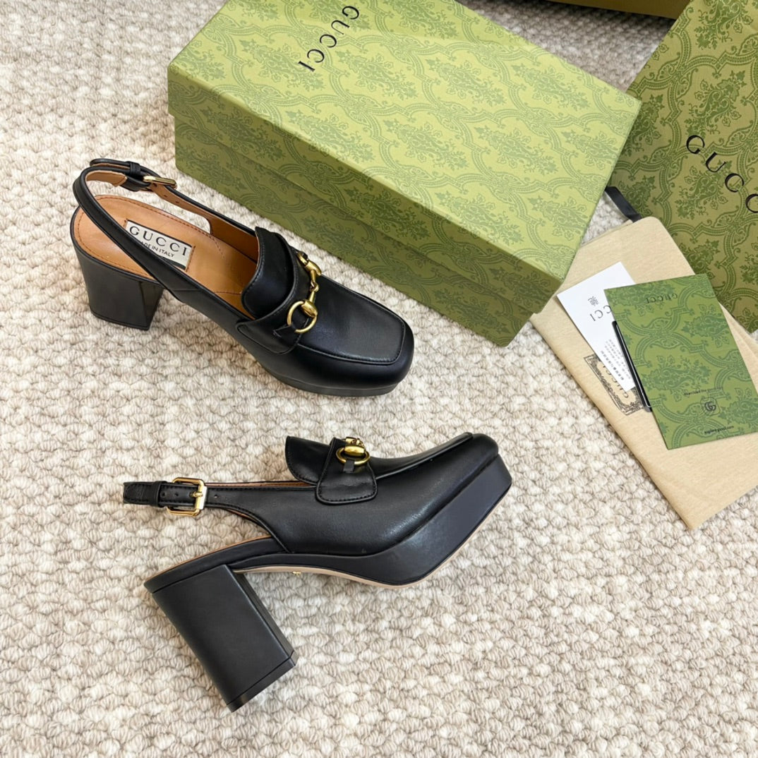 GG HIGH - HEEL SLINGBACK WITH HORSEBIT BLACK CALFSKIN