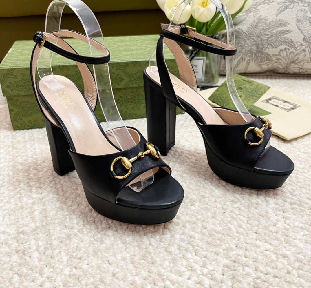 Horsebit 11cm Platform Sandal Black Calfskin