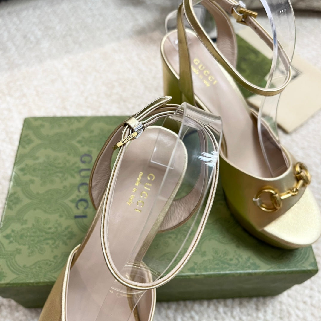 Horsebit 11cm Platform Sandal Gold Metalic Calfskin