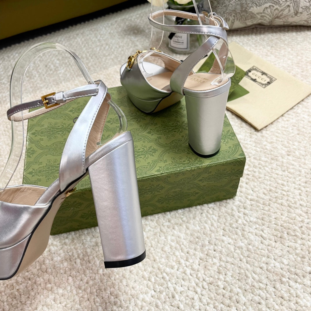 Horsebit 11cm Platform Sandal Silver Metalic Calfskin