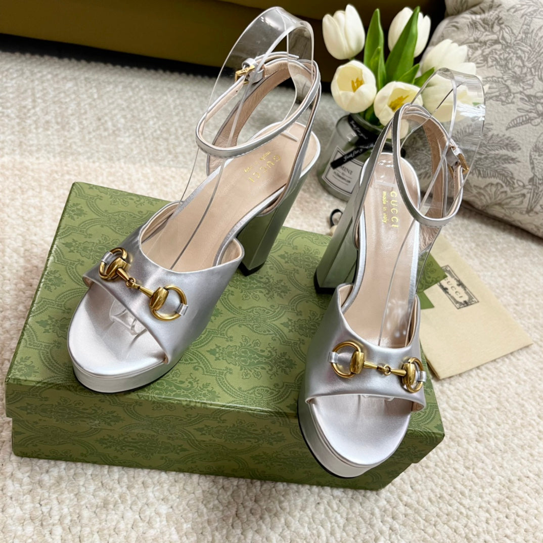 Horsebit 11cm Platform Sandal Silver Metalic Calfskin