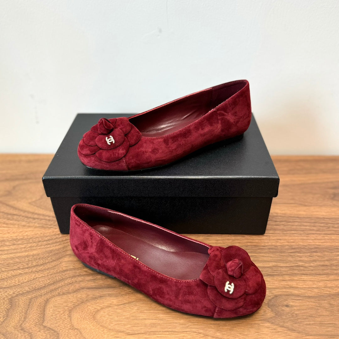 CC Ballet Flats Red With Camellia Red Suede