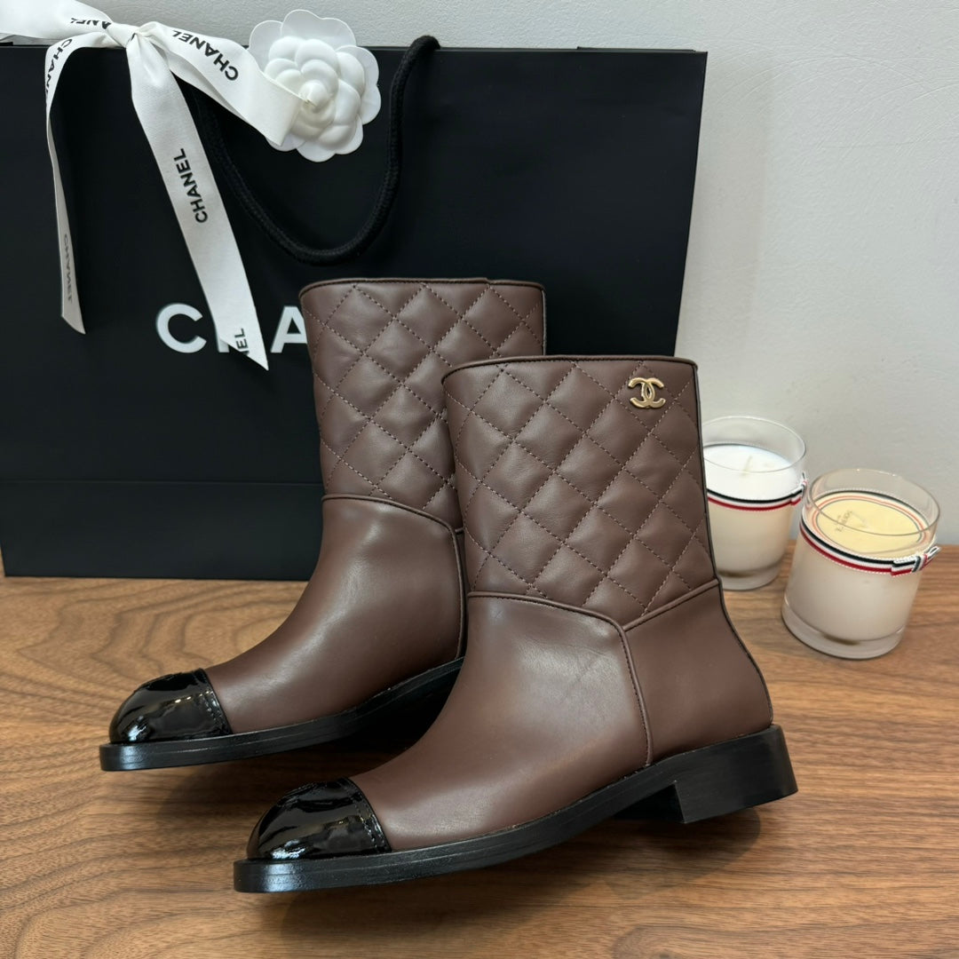 CC Short Boots Earth Brown Quilted Calfskin