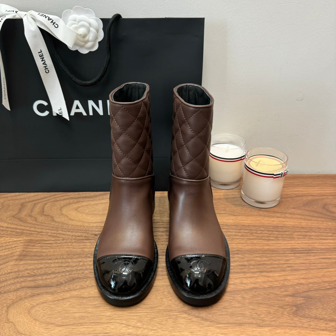 CC Short Boots Earth Brown Quilted Calfskin