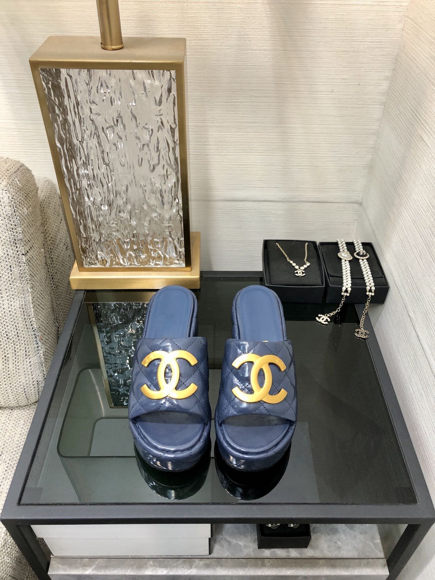 mule sandal 95 blue quilted waxed leather