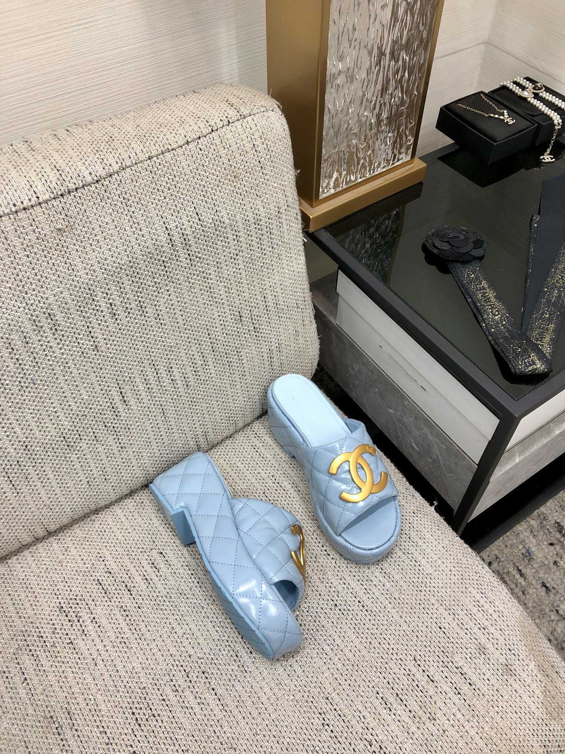 mule sandal 95 cloud blue quilted waxed leather