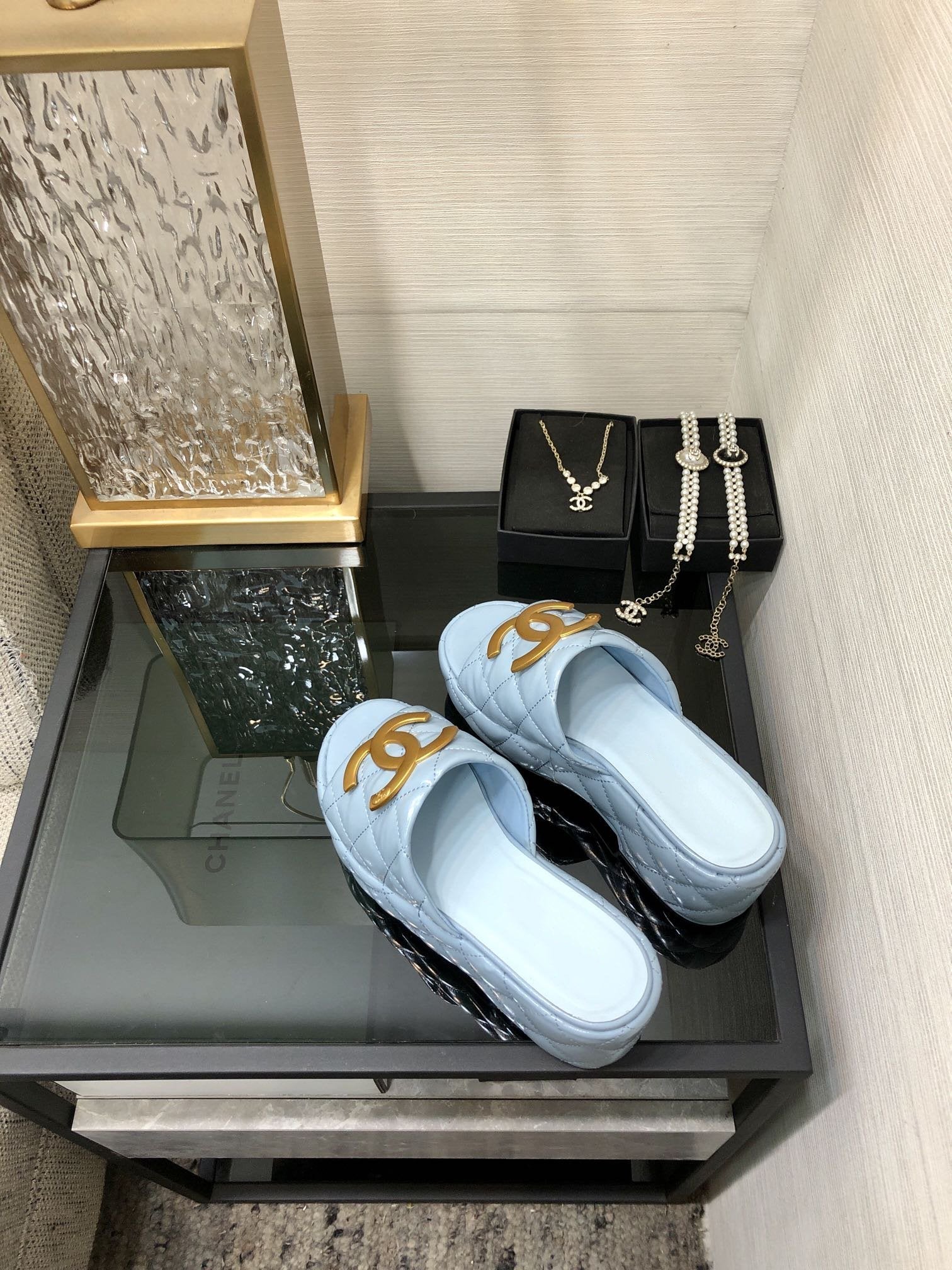 mule sandal 95 cloud blue quilted waxed leather