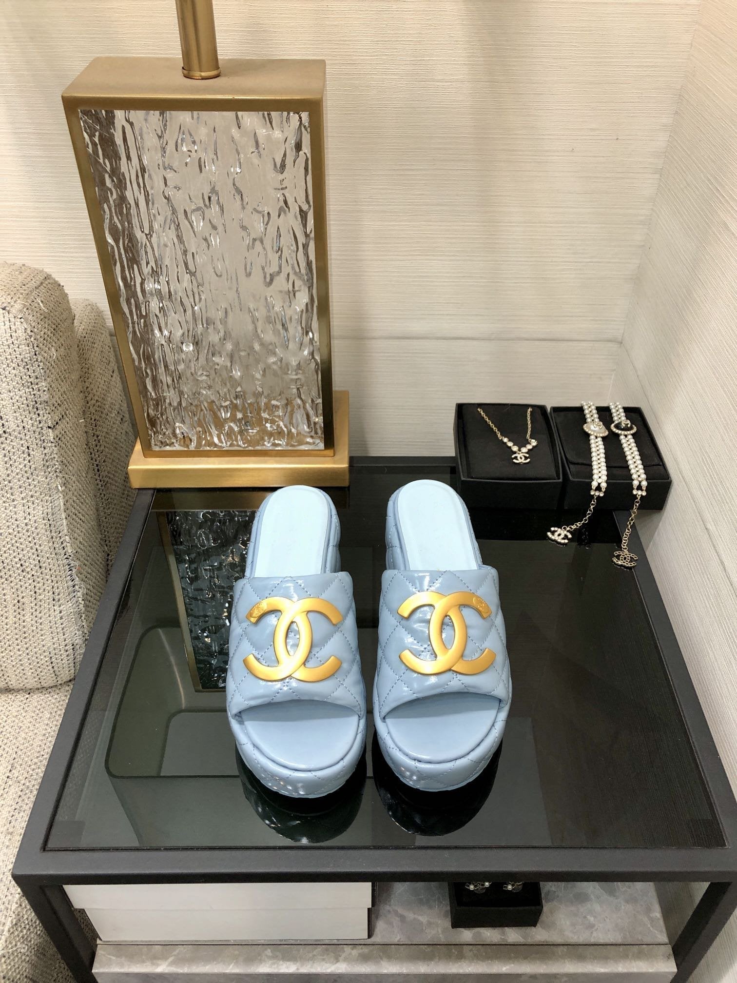 mule sandal 95 cloud blue quilted waxed leather