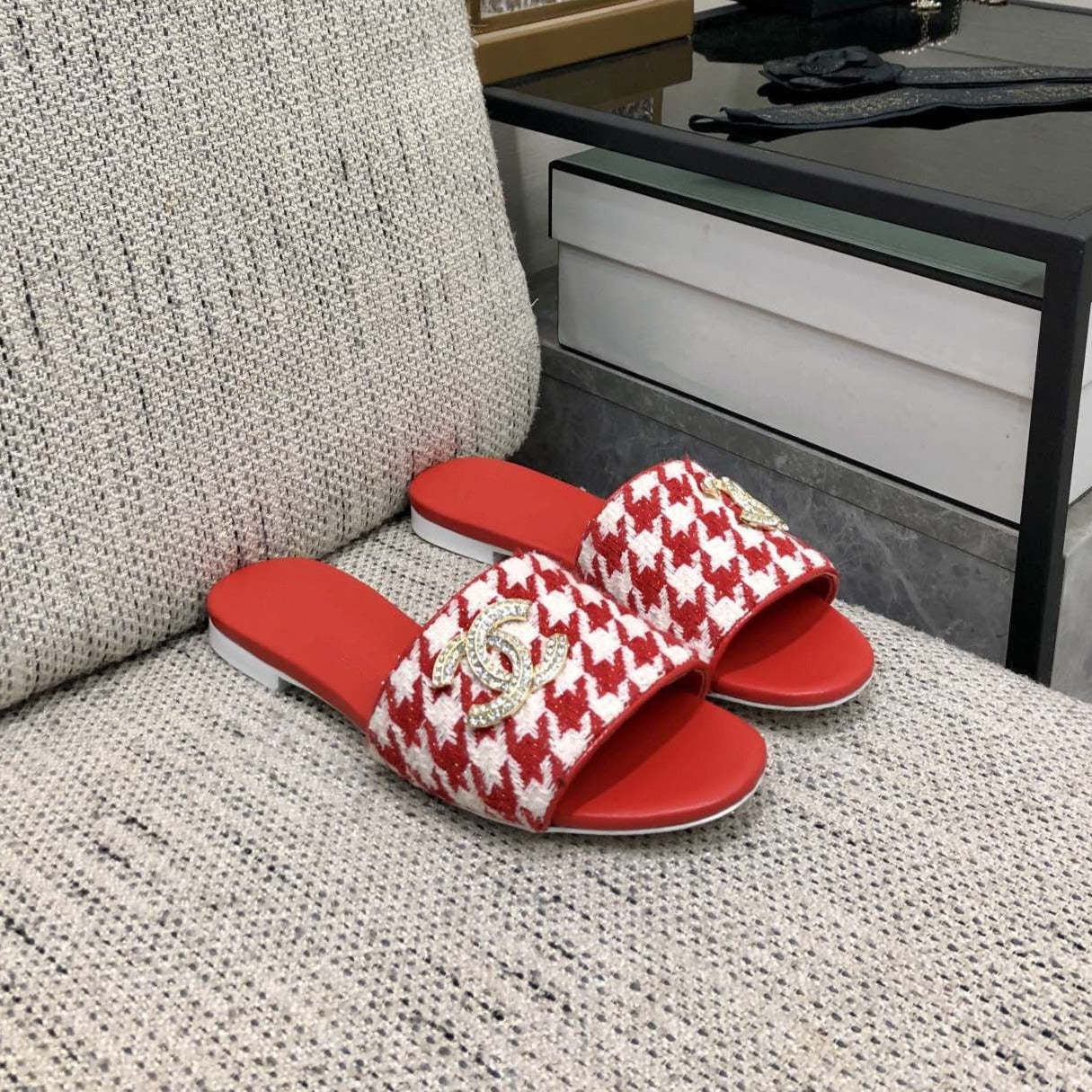 mule sandal red white houndstooth fabric