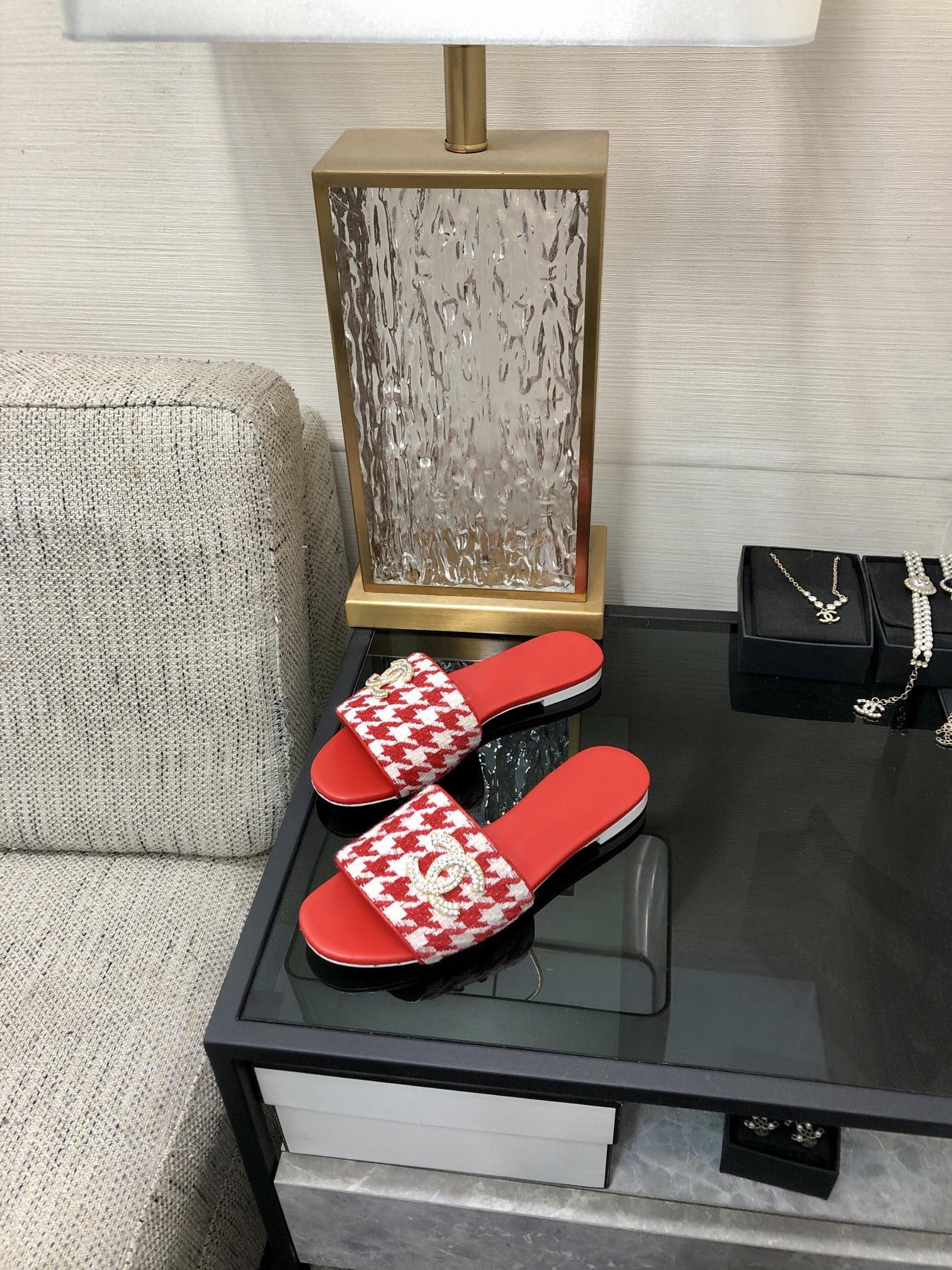mule sandal red white houndstooth fabric