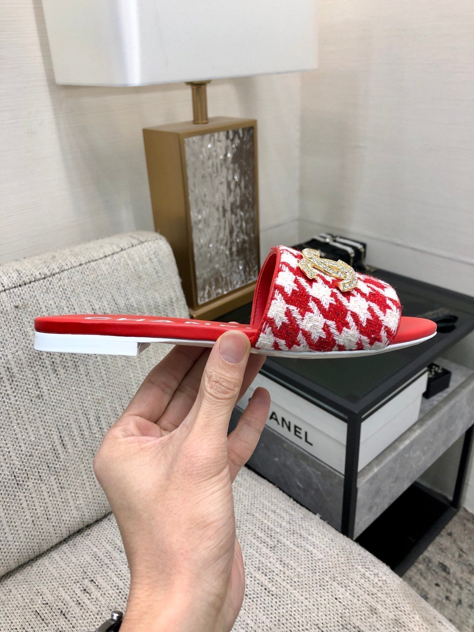 mule sandal red white houndstooth fabric