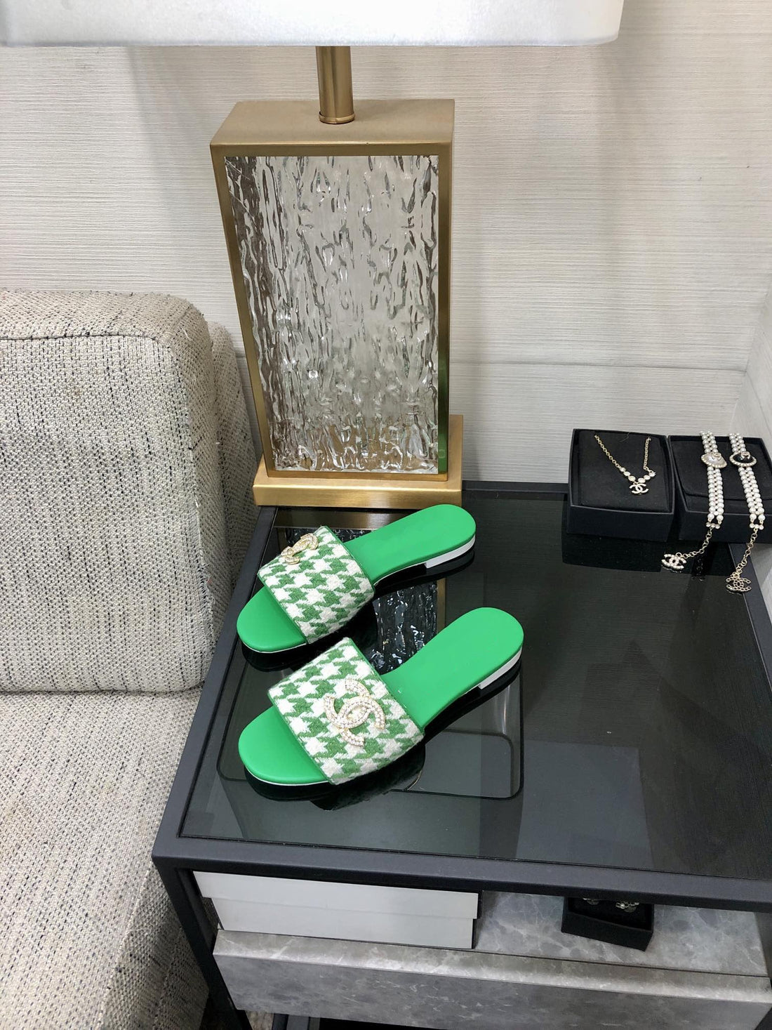 mule sandal green white houndstooth fabric