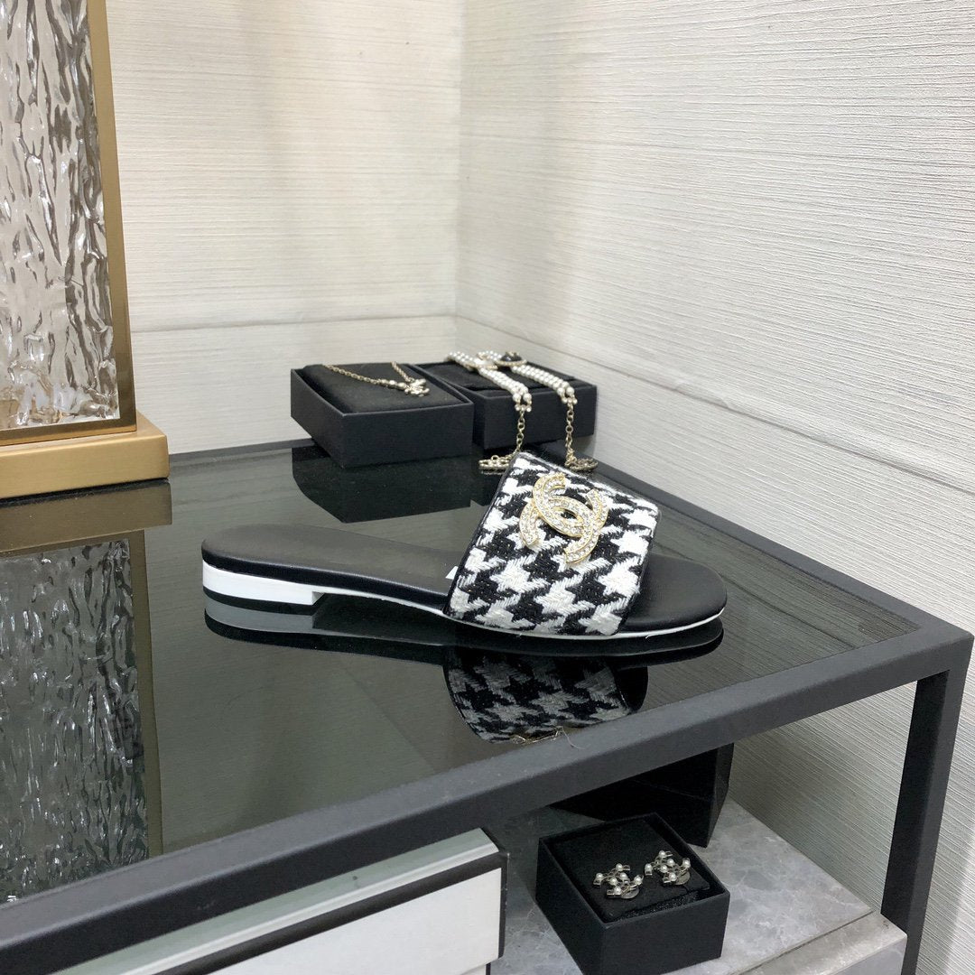 mule sandal black white houndstooth fabric