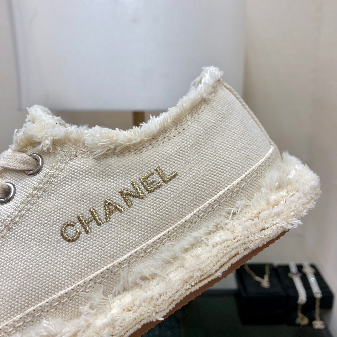 CC Sneaker White Fringe Denim Fabric
