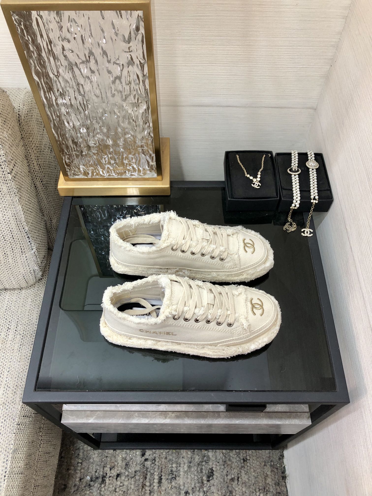 CC Sneaker White Fringe Denim Fabric