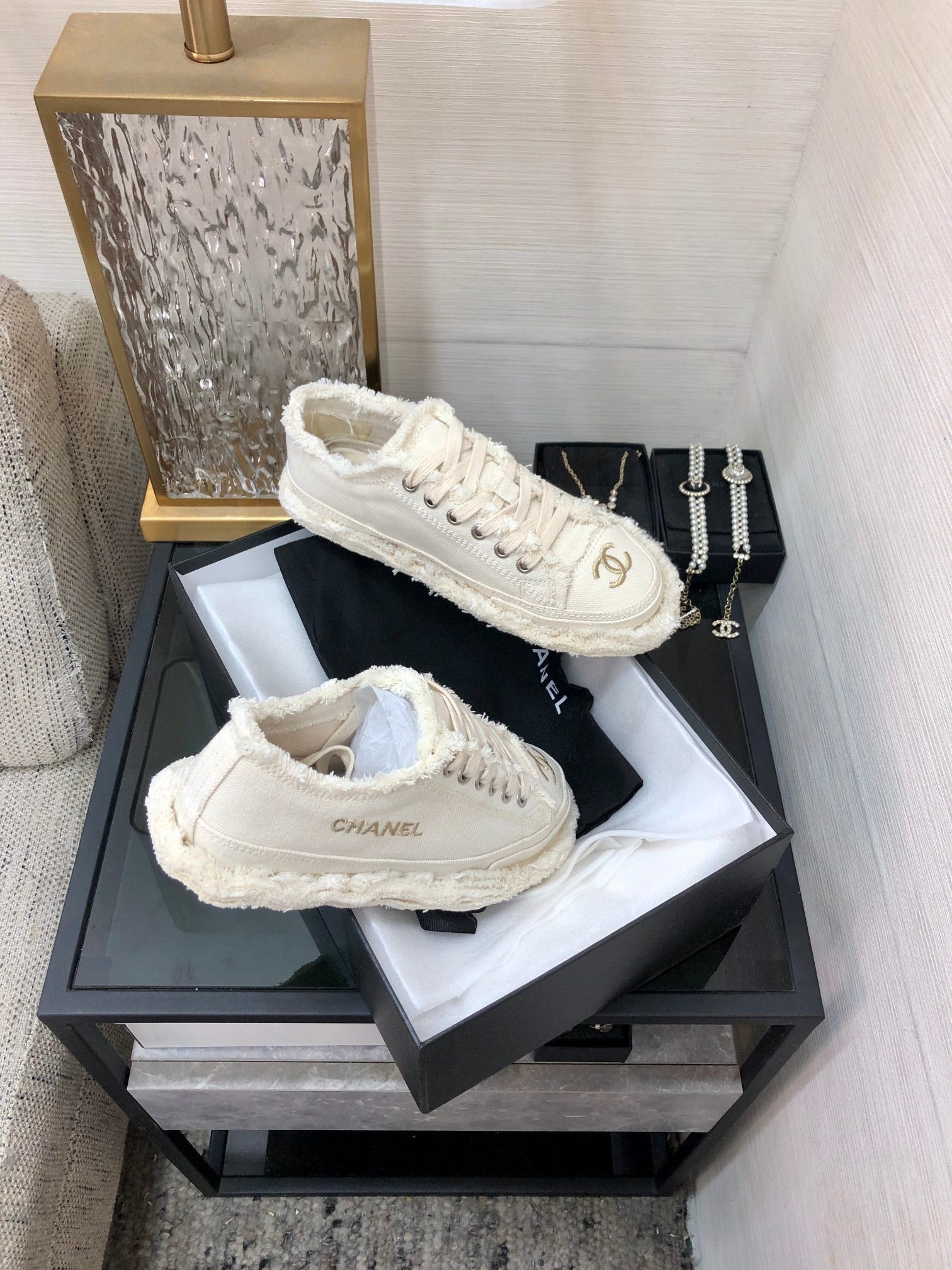 CC Sneaker White Fringe Denim Fabric