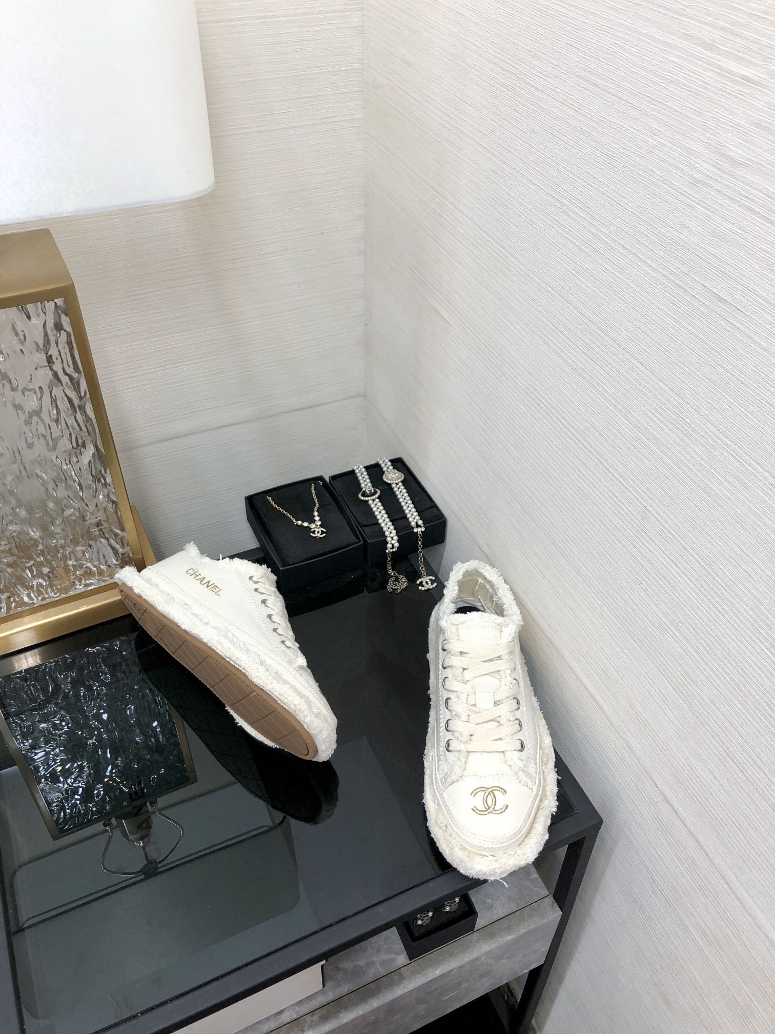 CC Sneaker White Fringe Denim Fabric