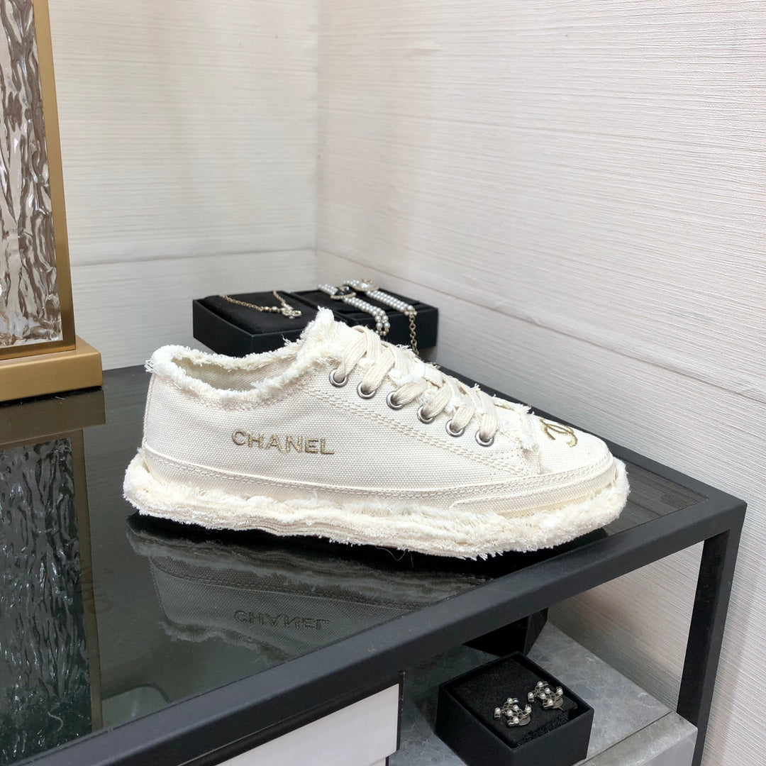 CC Sneaker White Fringe Denim Fabric