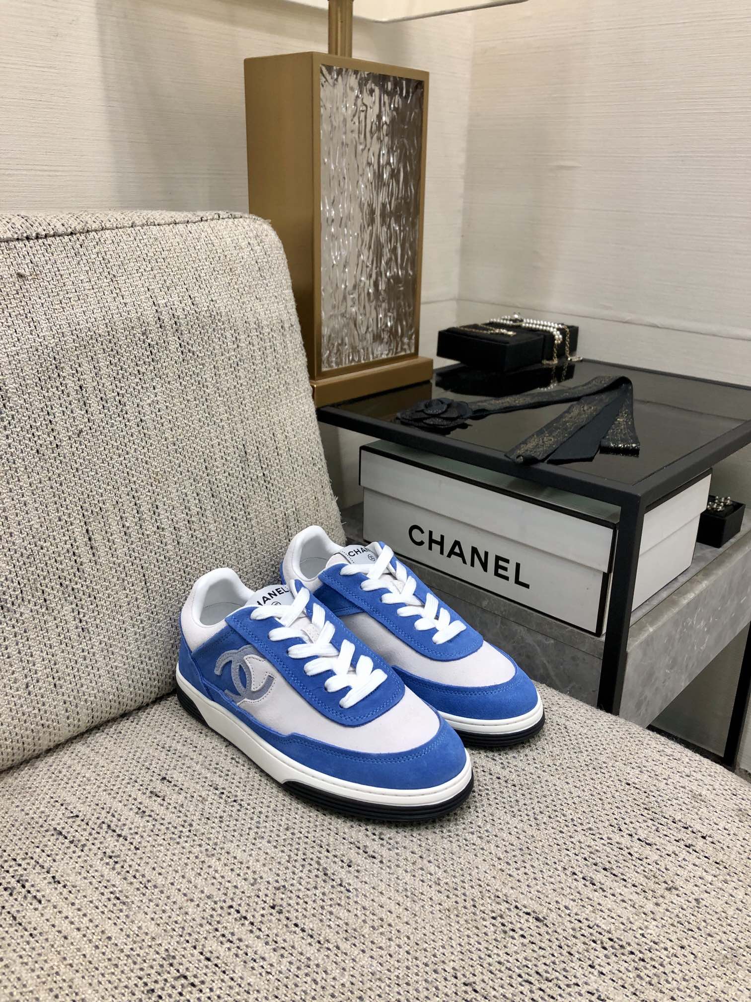 CC Sneaker In Blue Mix White Suede