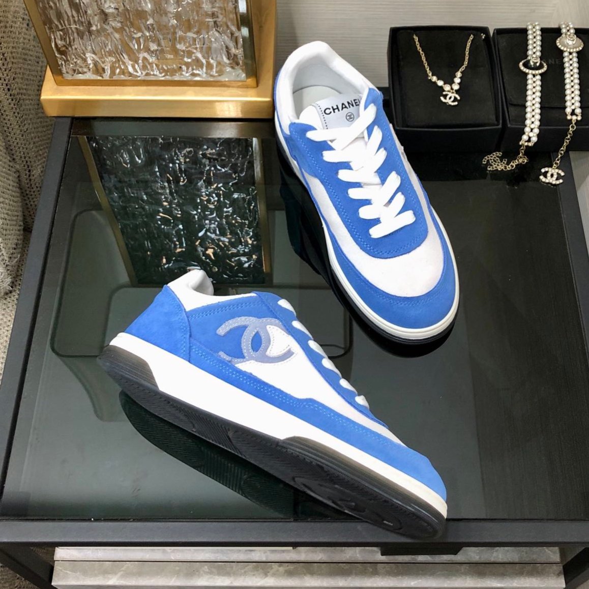 CC Sneaker In Blue Mix White Suede