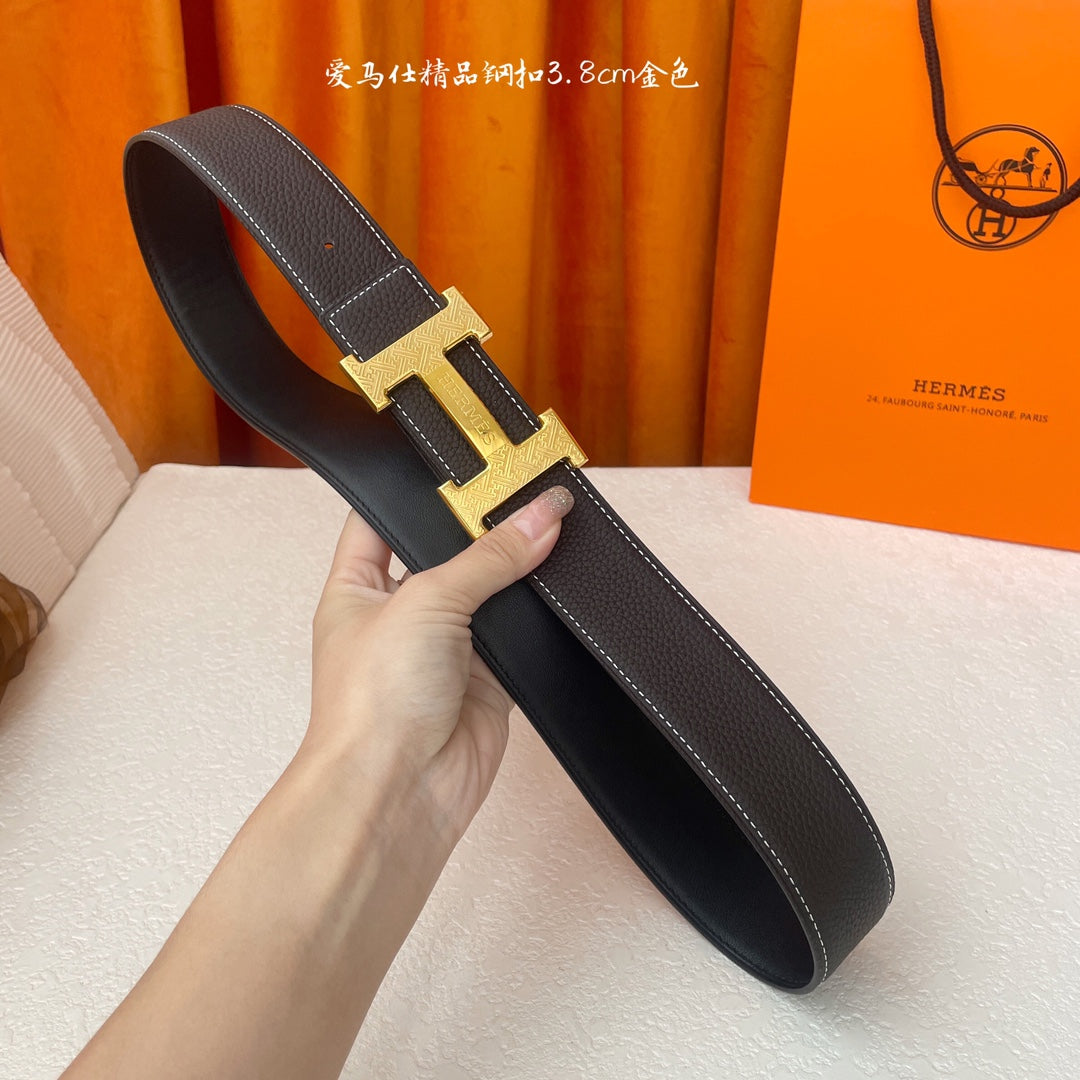 HM Gold Buckle H Belt 38mm Black Brown Calfskin 187185
