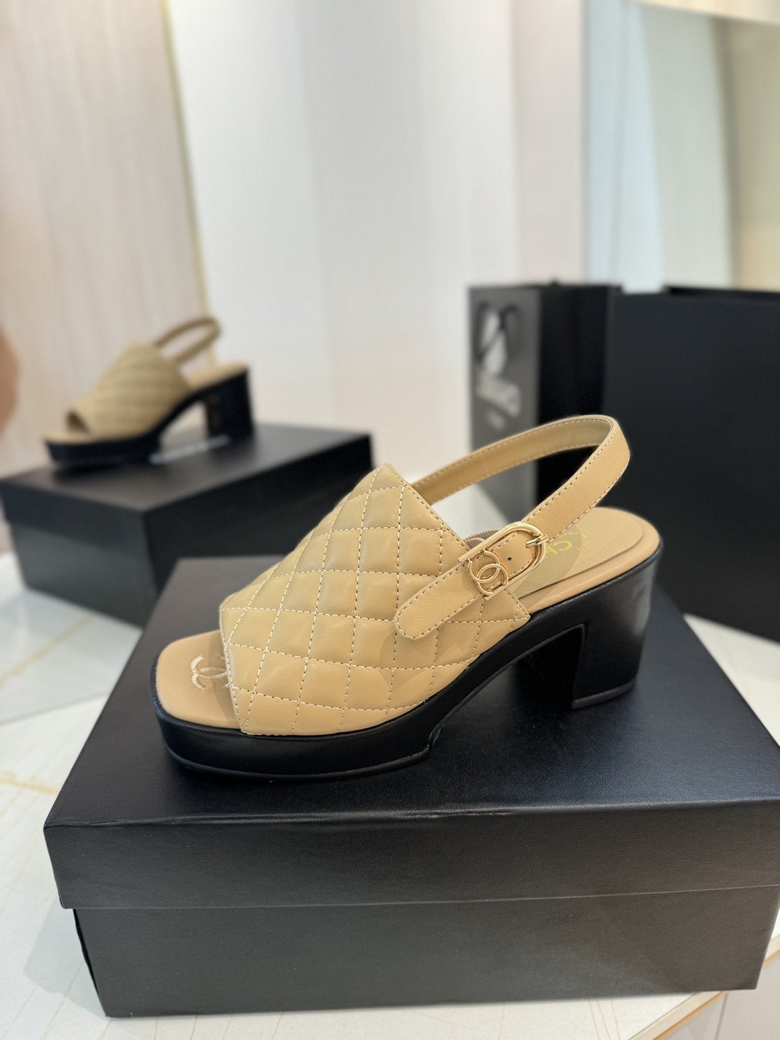 high heel 100 slingback sandal beige black quilted calfskin