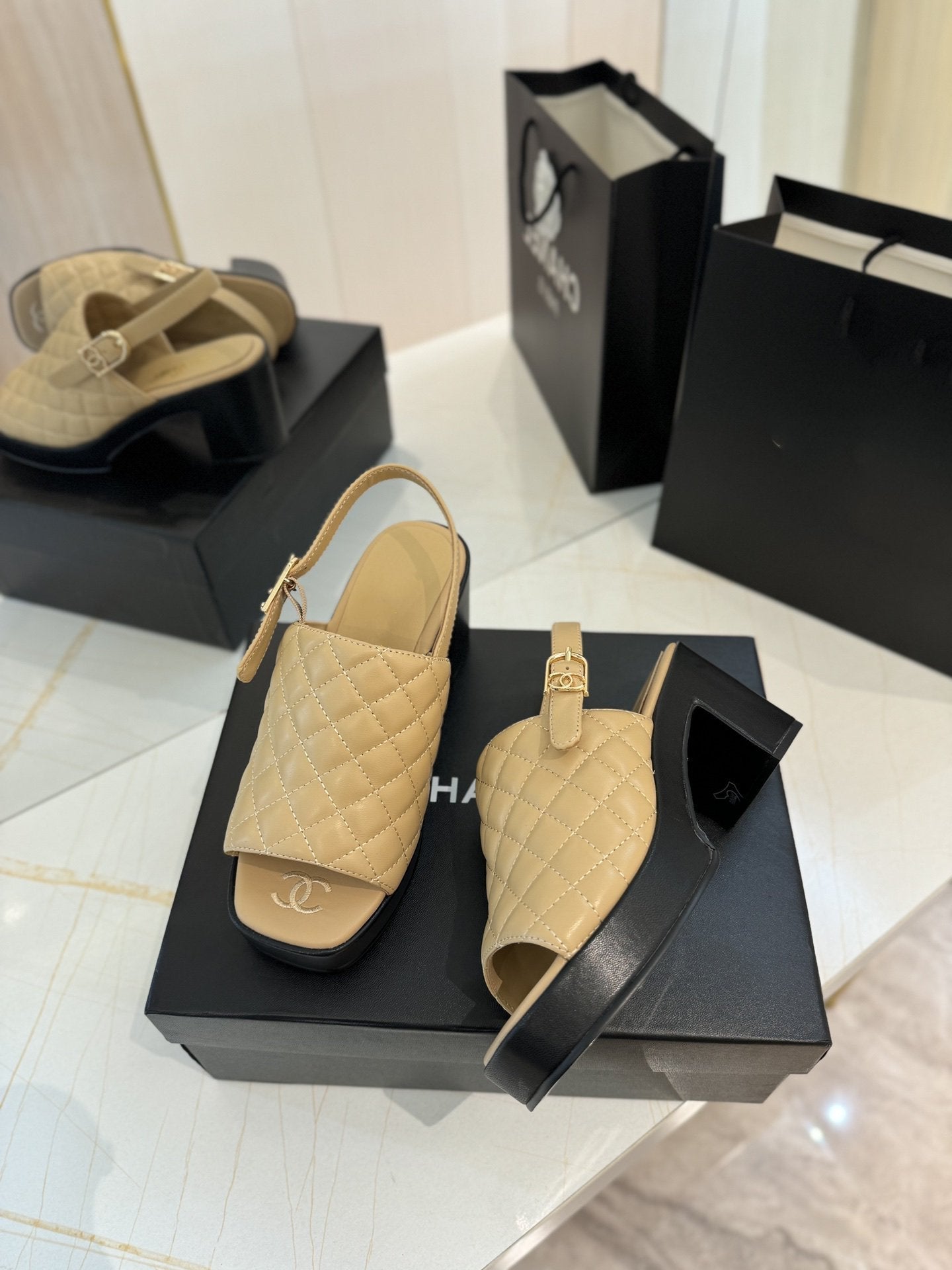 high heel 100 slingback sandal beige black quilted calfskin