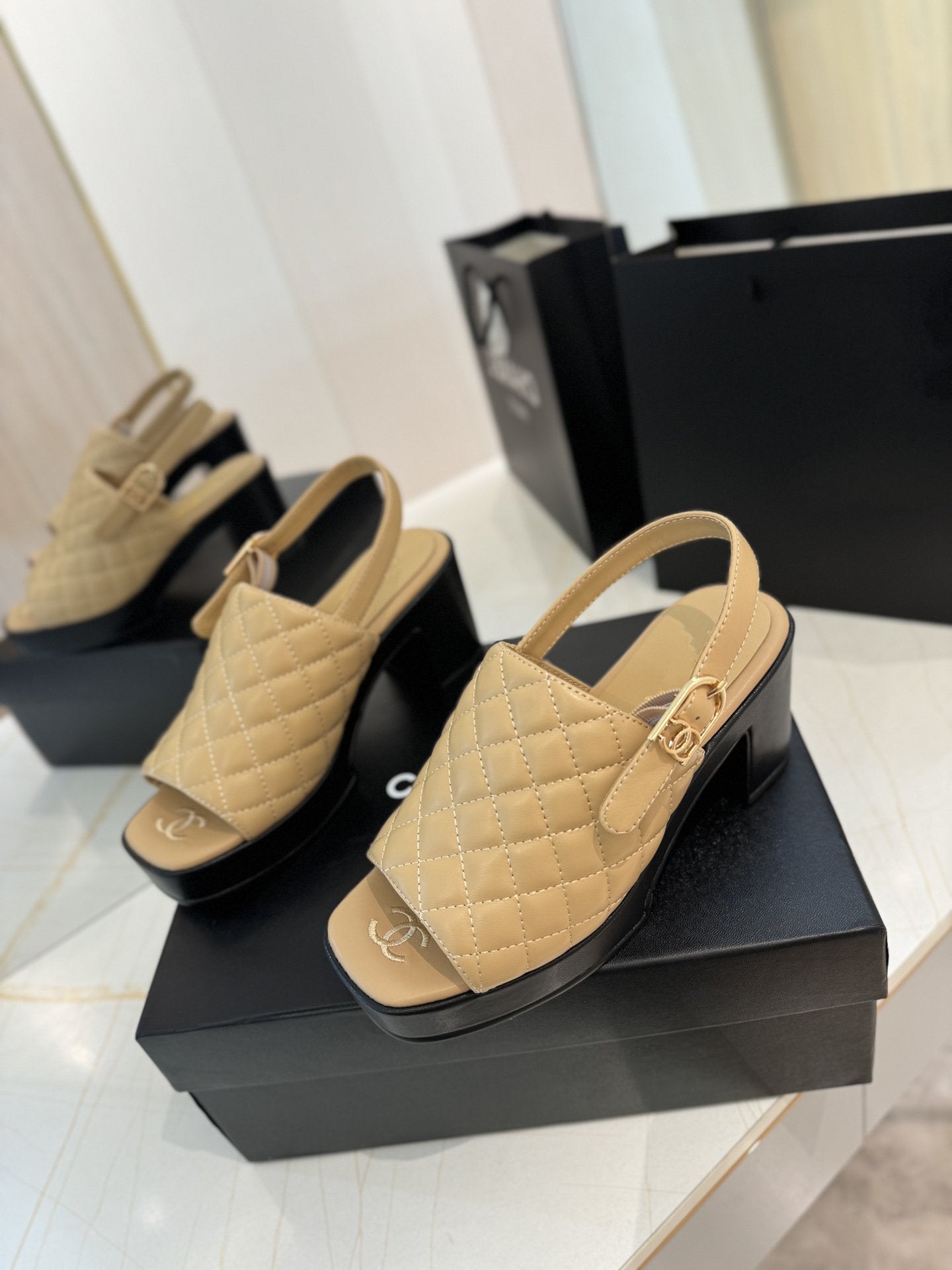 high heel 100 slingback sandal beige black quilted calfskin