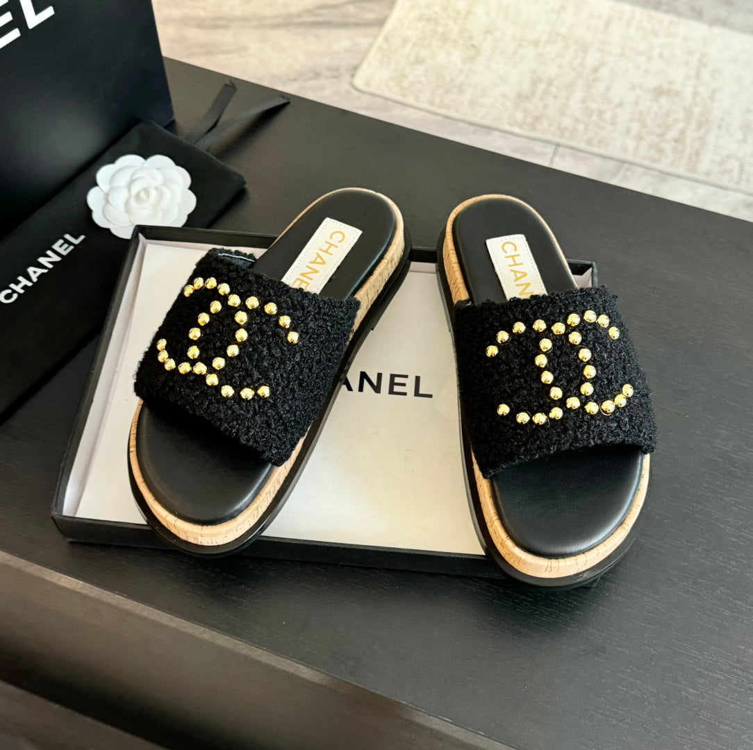 CC 25C Slippers Black Satin Fabric 212979