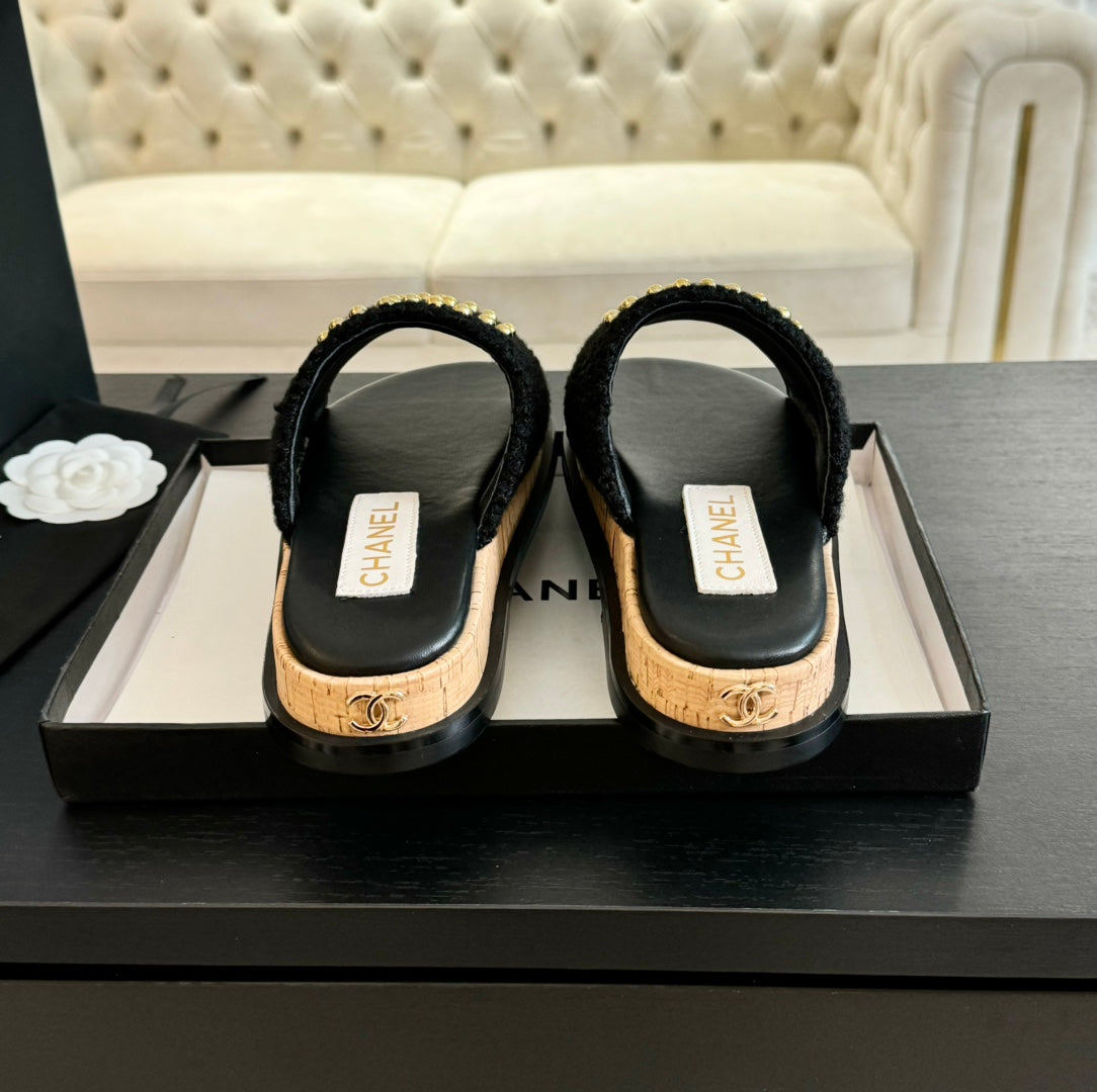 CC 25C Slippers Black Satin Fabric 212979