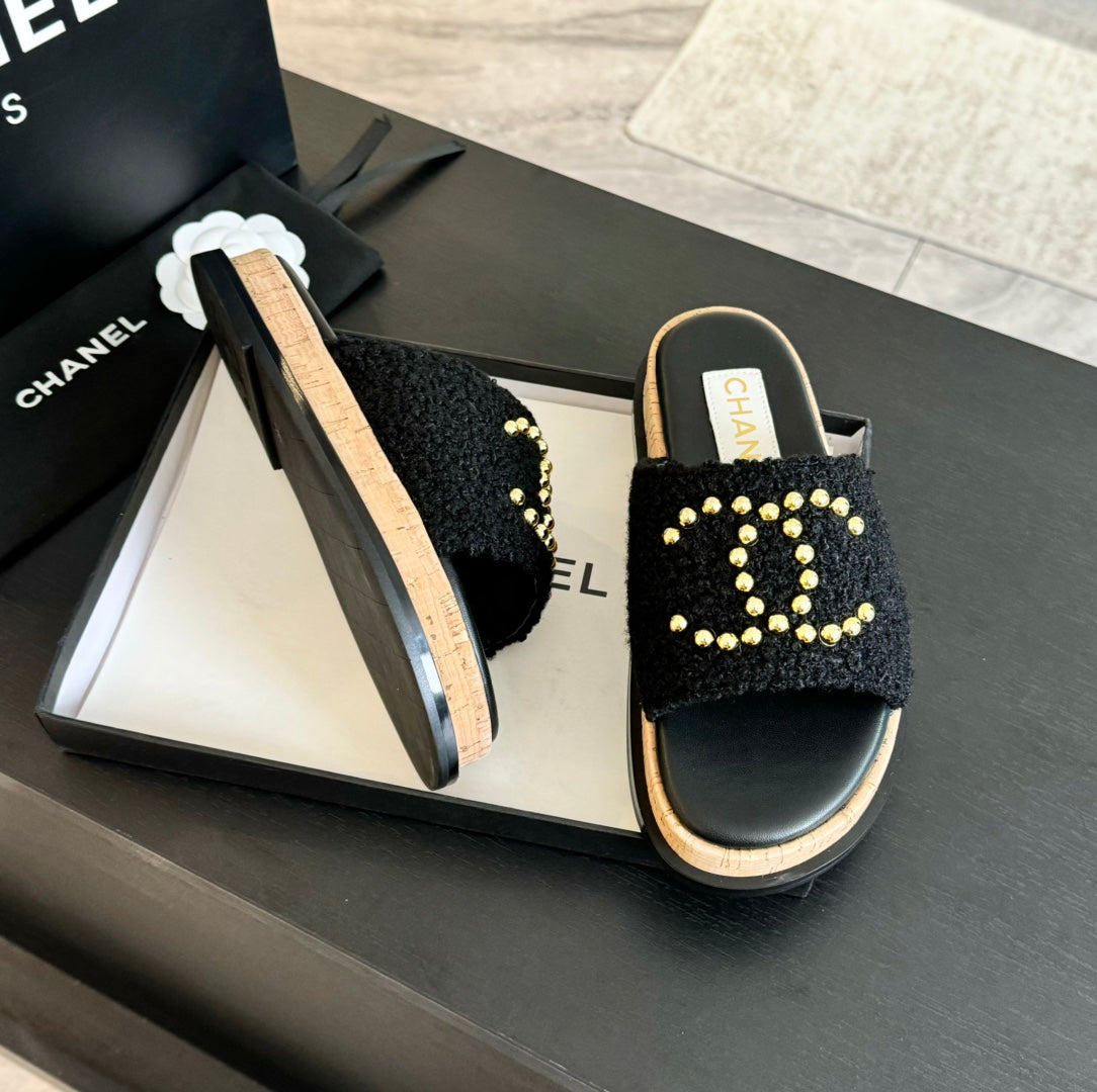 CC 25C Slippers Black Satin Fabric 212979