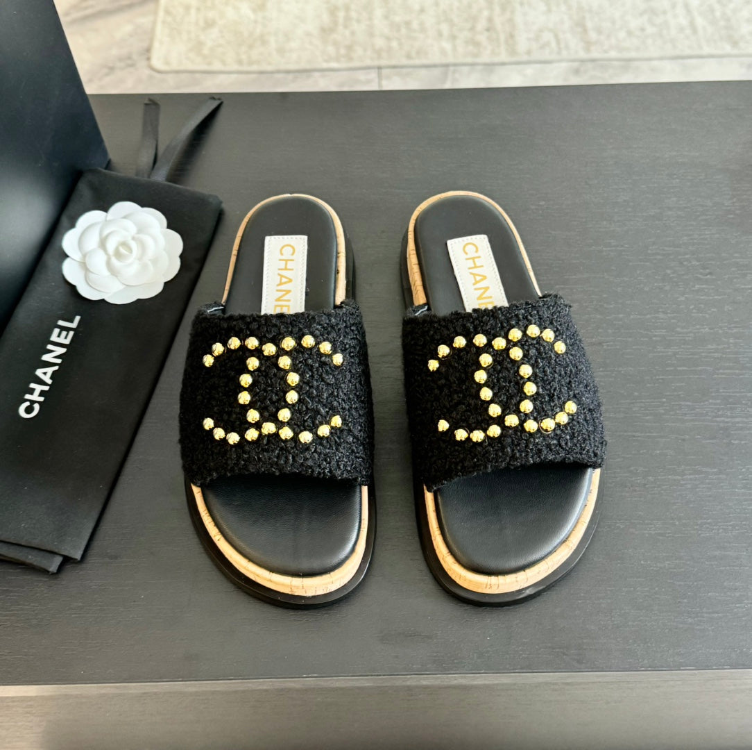 CC 25C Slippers Black Satin Fabric 212979