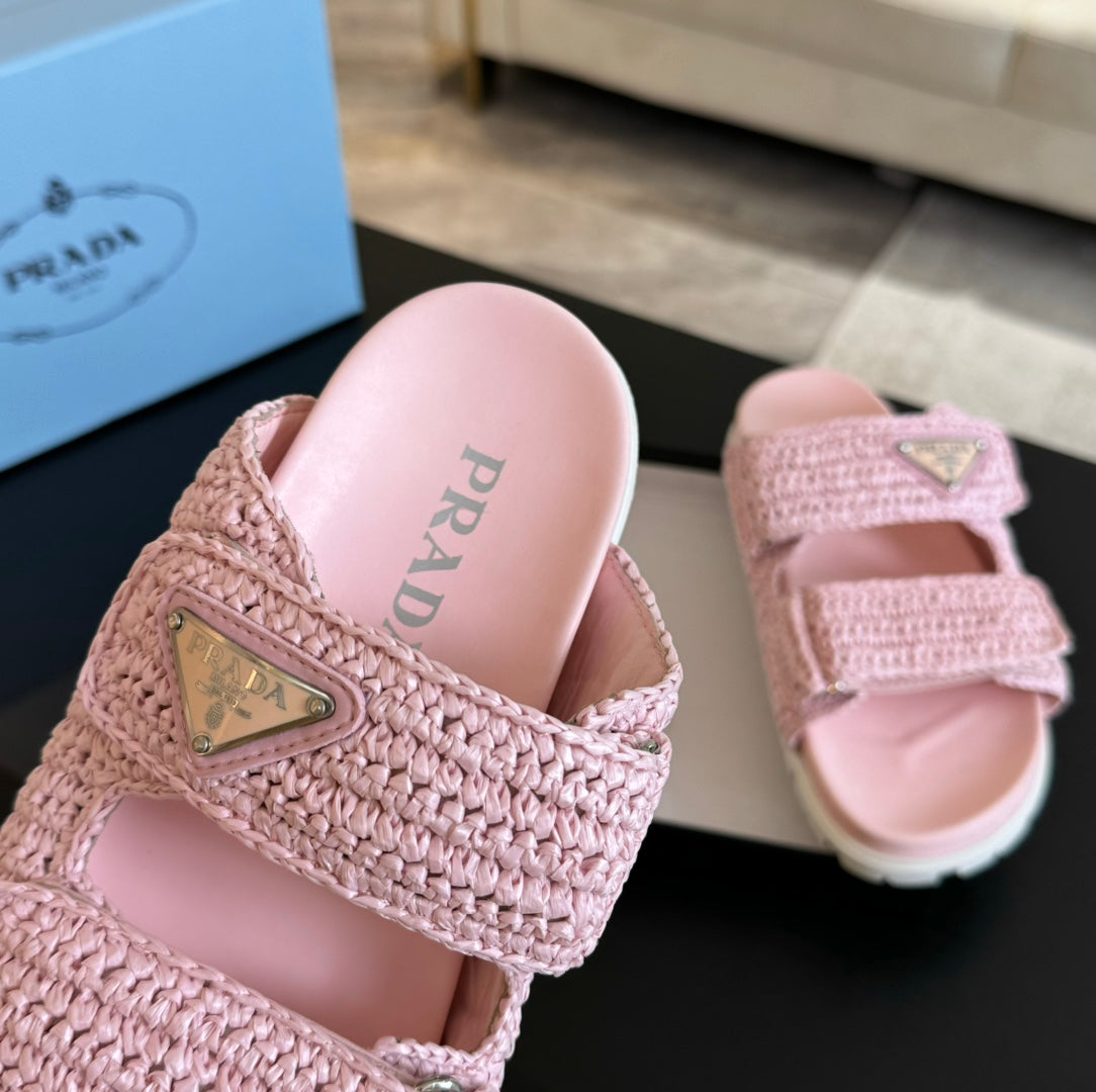 PRA RAFFIA CORK SLIDE LIGHT PINK CALFSKIN