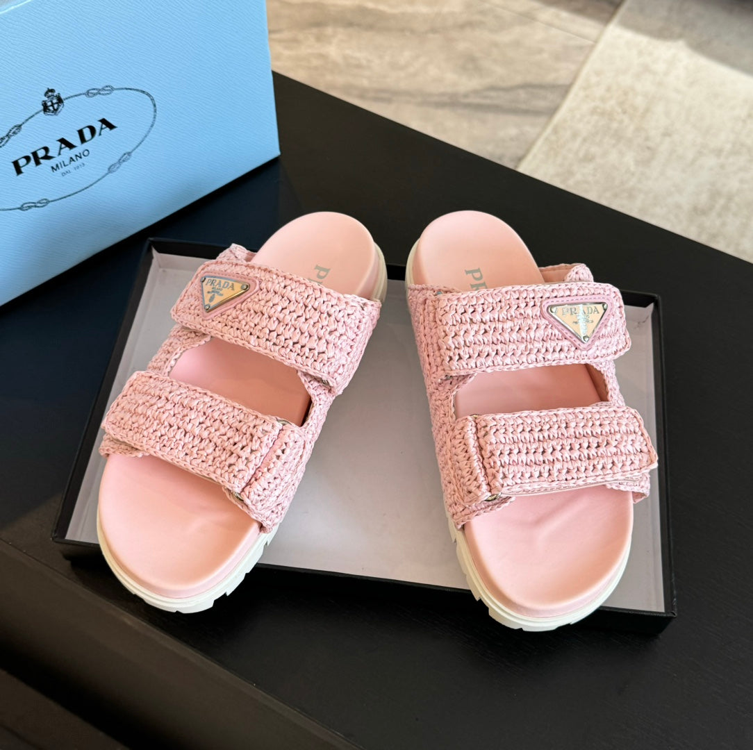 PRA RAFFIA CORK SLIDE LIGHT PINK CALFSKIN