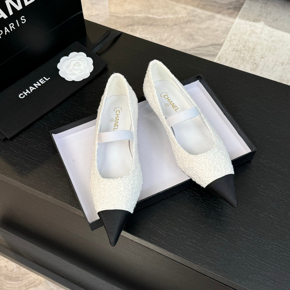 mary jane 35 pointed toe white tweed black grosgrain