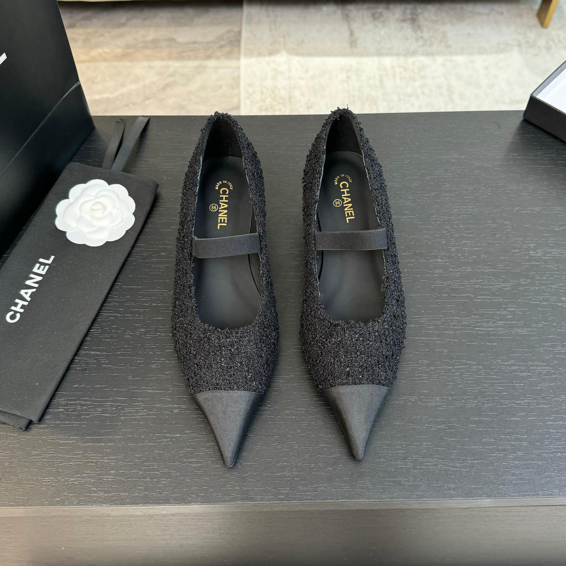 mary jane 35 pointed toe black tweed black grosgrain