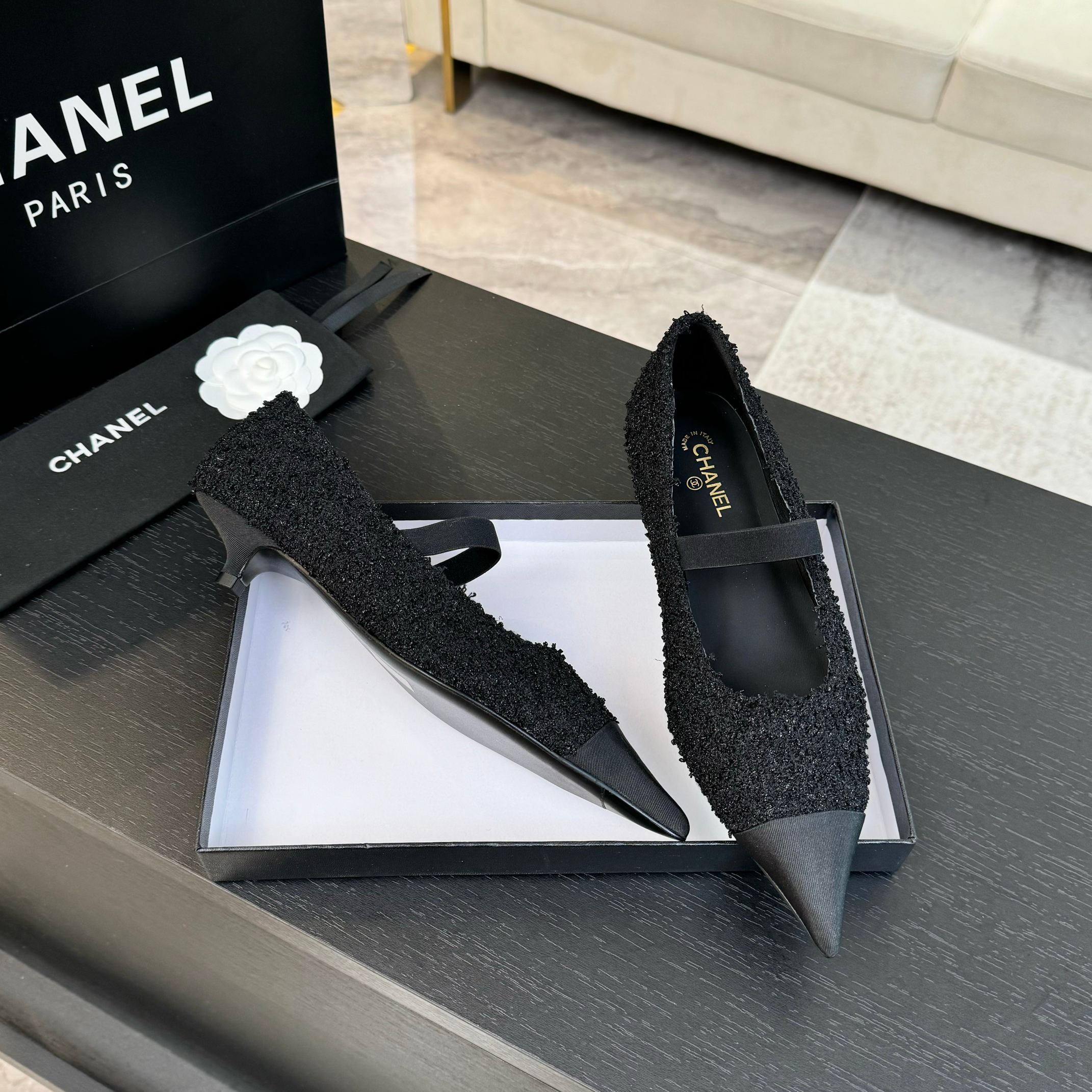 mary jane 35 pointed toe black tweed black grosgrain