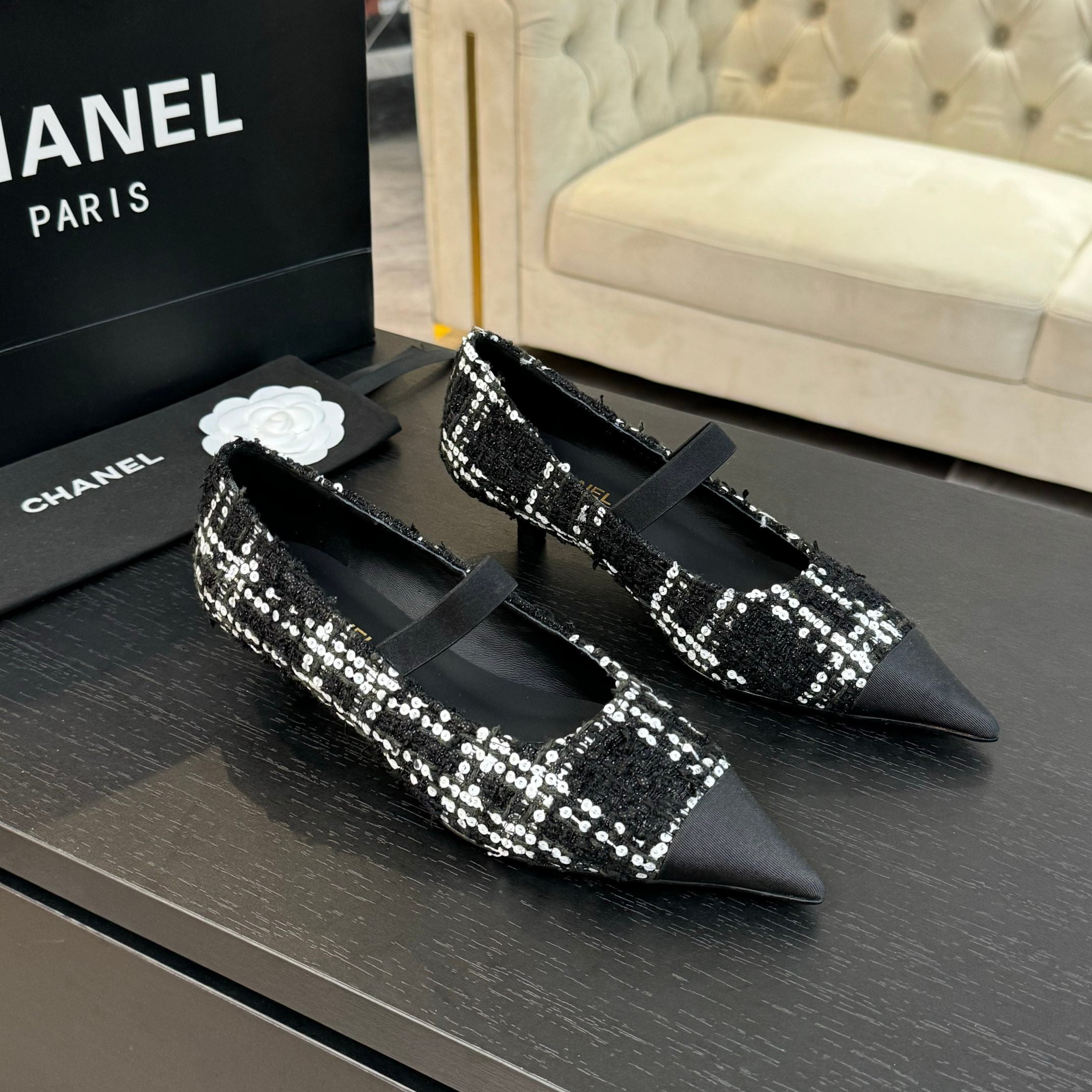 mary jane 35 pointed toe black white tweed sequin