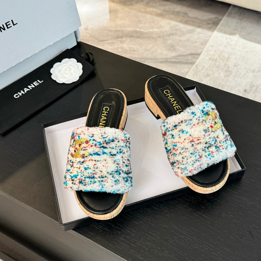 CC Slippers White Black And Blue Red Wool And Calfskin