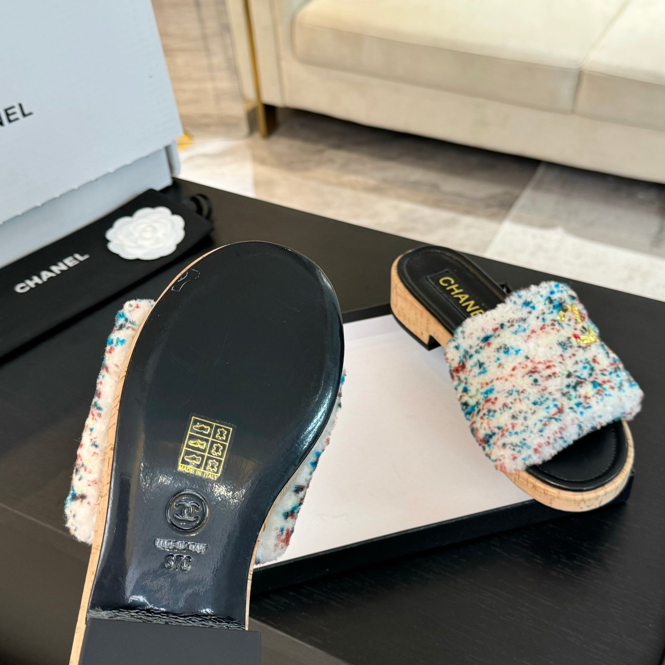 CC Slippers White Black And Blue Red Wool And Calfskin