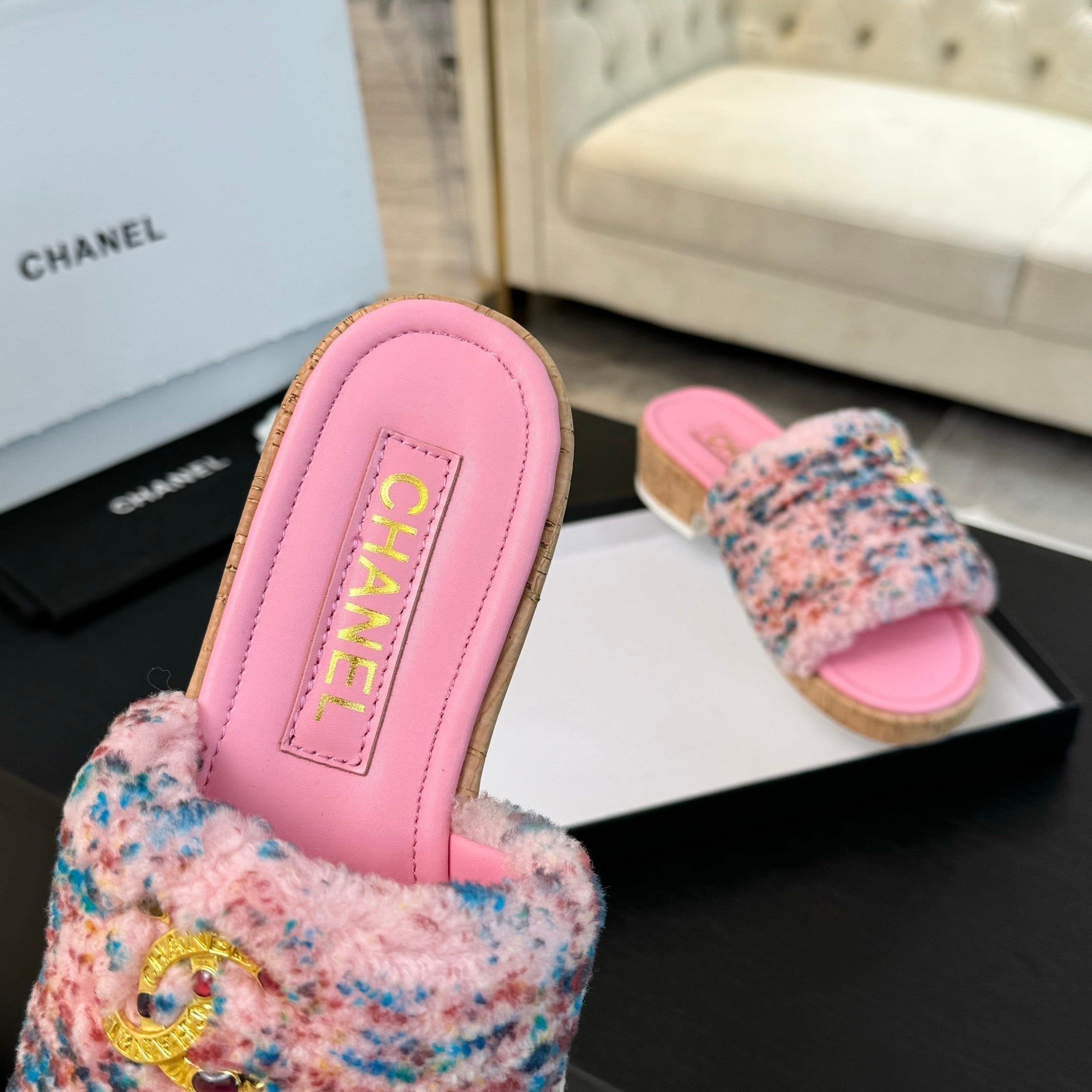 CC Slippers Pink Mix Blue Red Wool And Calfskin