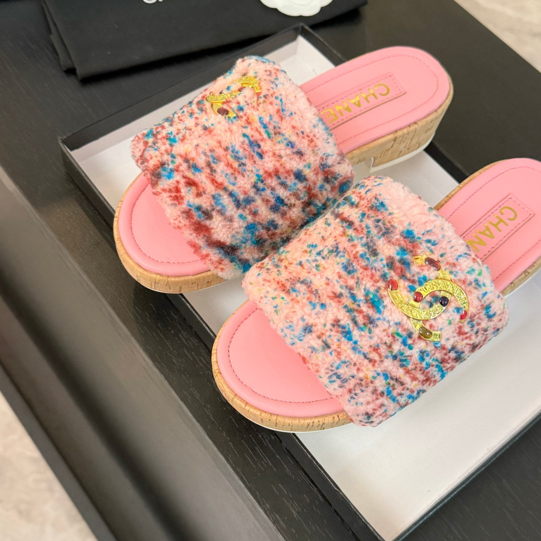 CC Slippers Pink Mix Blue Red Wool And Calfskin