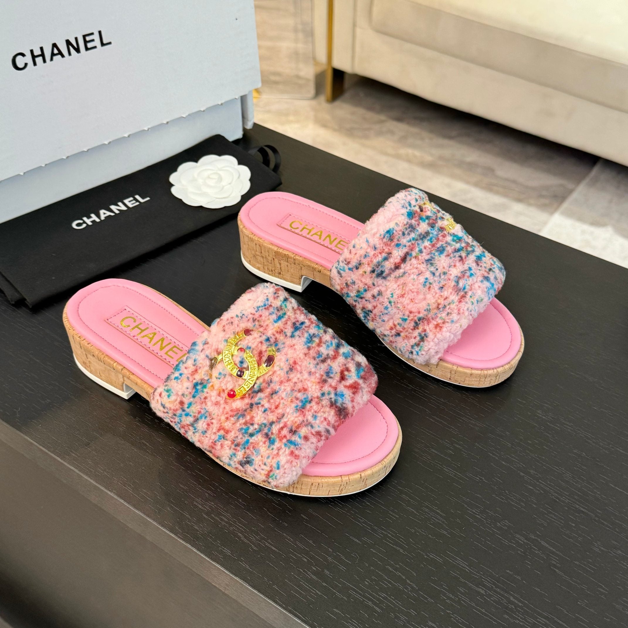 CC Slippers Pink Mix Blue Red Wool And Calfskin