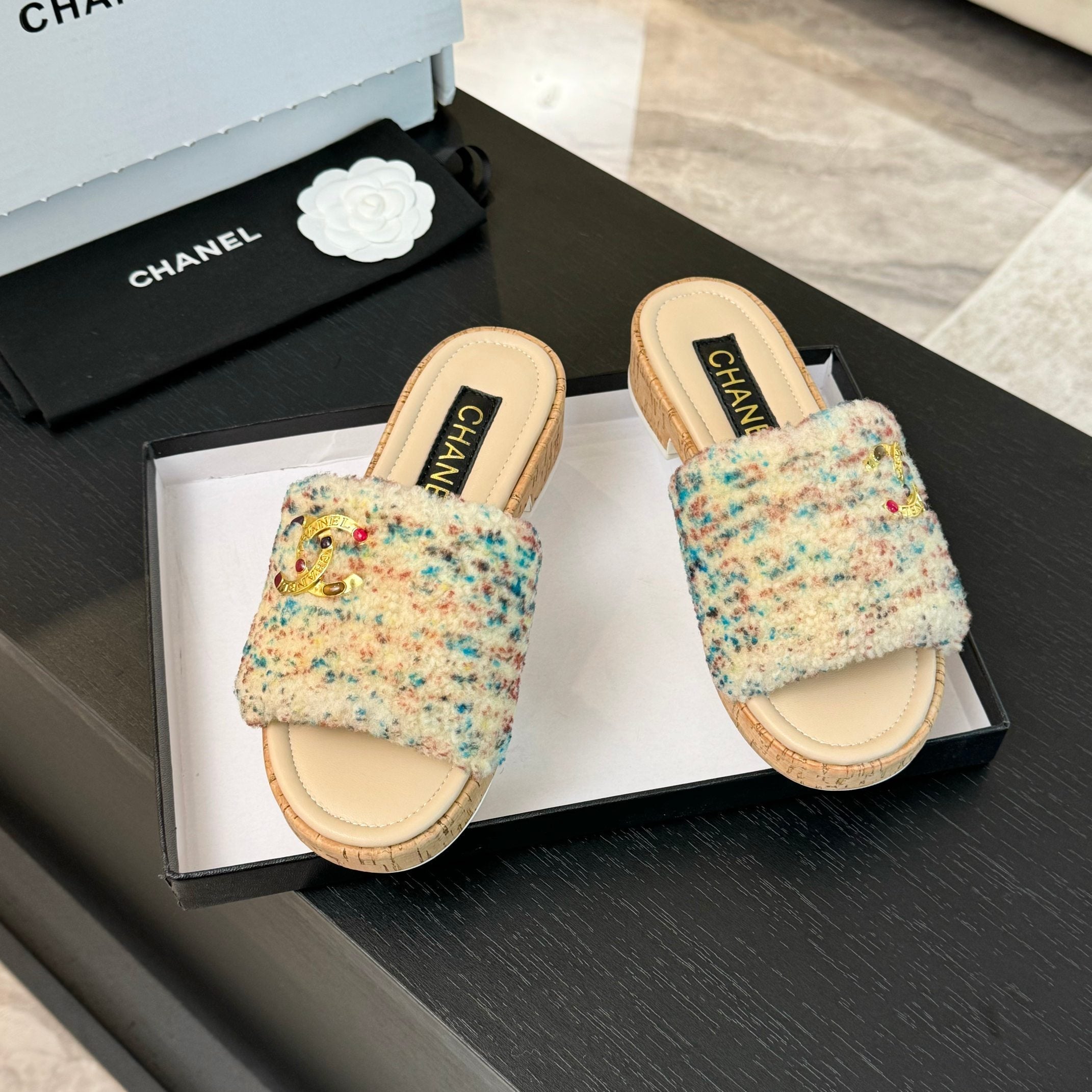 CC Slippers Beige Mix Blue Red Wool And Calfskin